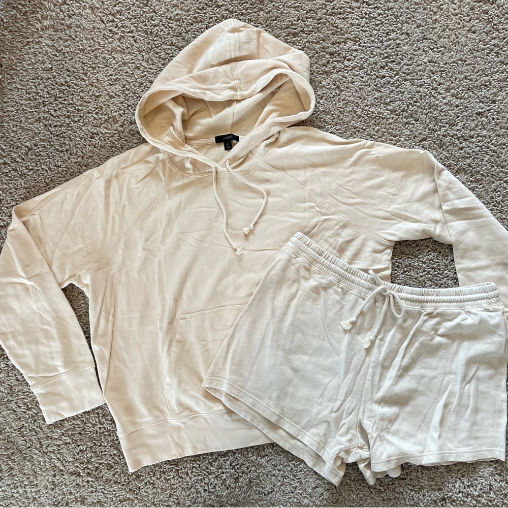 J Crew Magic Rinse Pullover Hoodie Drawstring Short Set Pale Yellow Cream Medium